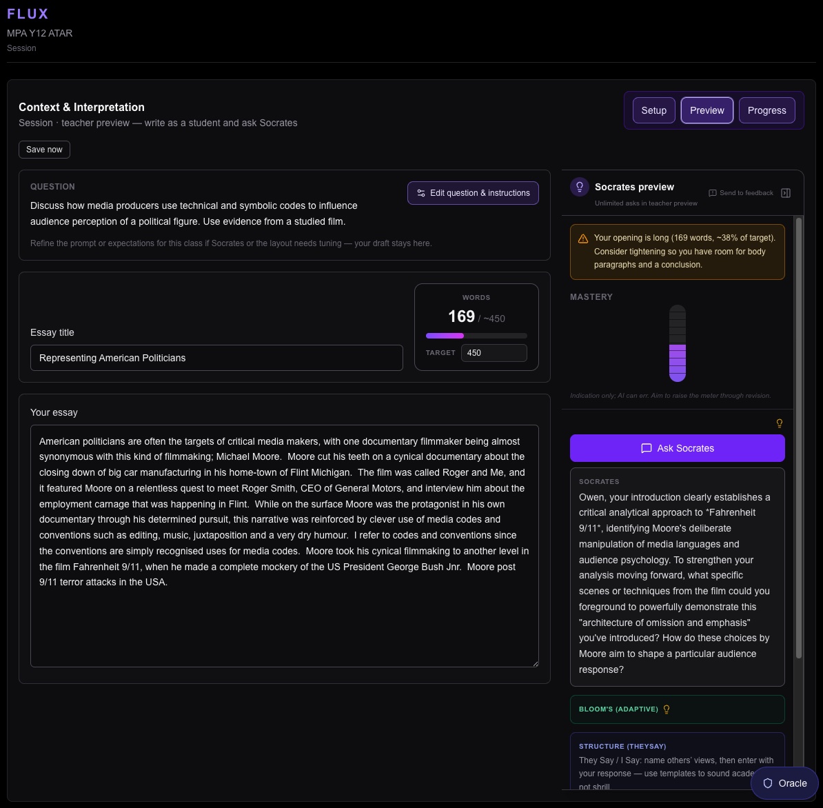 Flux teacher preview with word-count ring, opening-length nudge, and Socrates coach