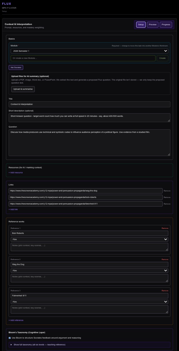 Flux setup basics with title, question, and study links