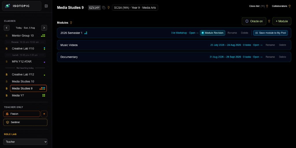 Class home with Modules list, Oracle on toggle, and Save module to My Pool