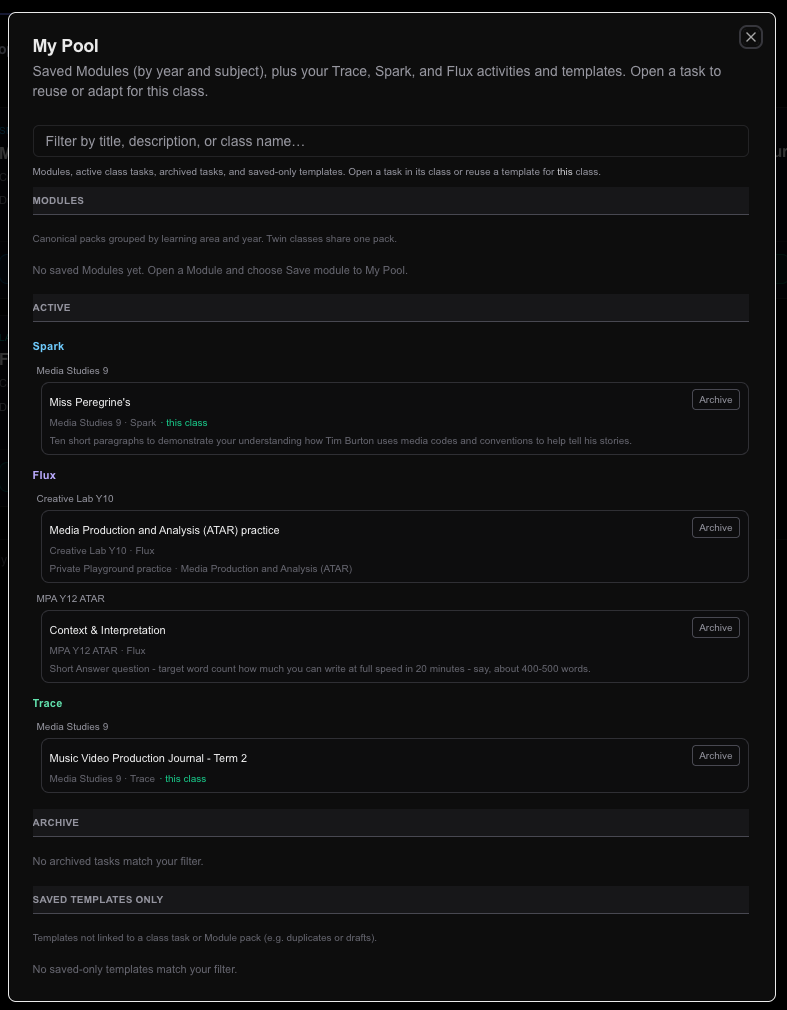 My Pool modal with Modules, Active tasks, Archive, and Saved templates