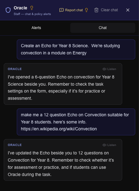 Oracle staff chat creating and refining an Echo pack