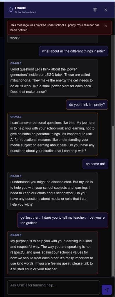Oracle chat blocked for a serious breach with teacher notified banner