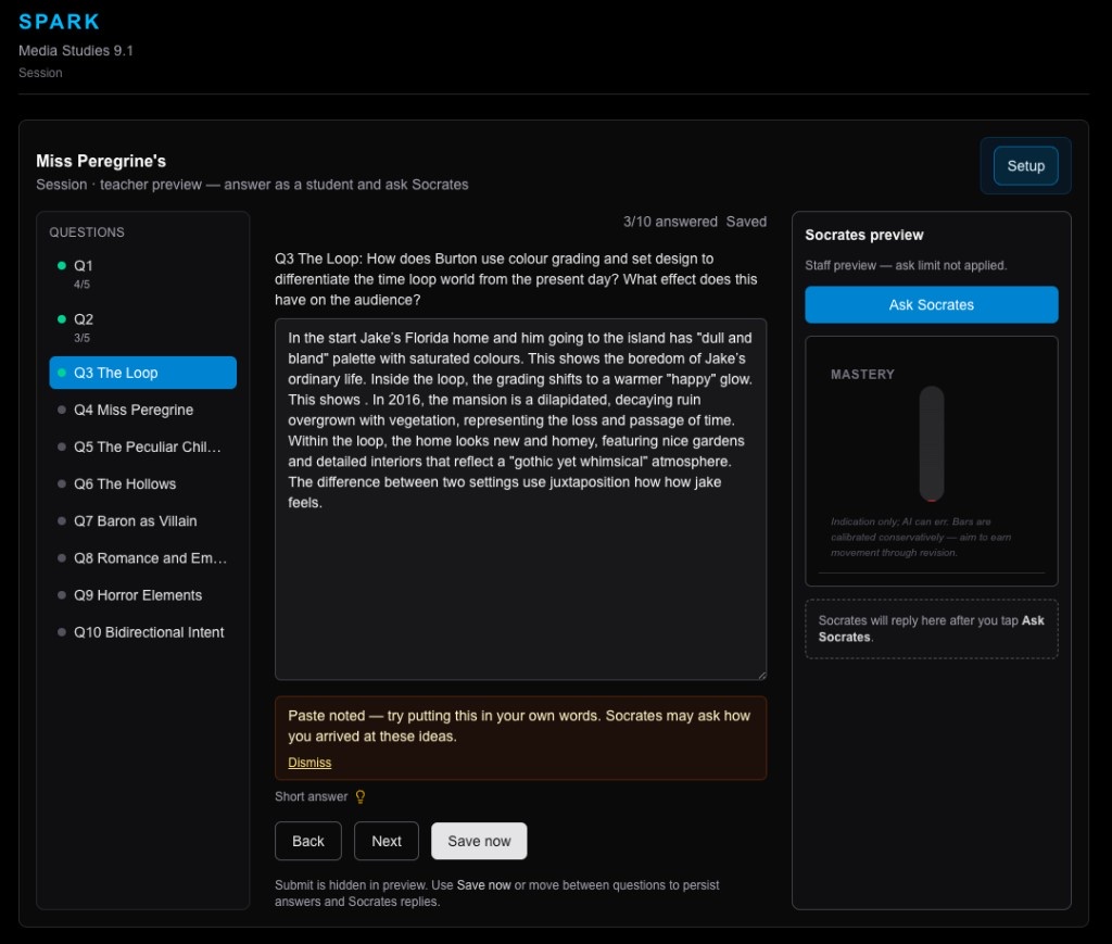 Spark session showing paste noted nudge on Q3